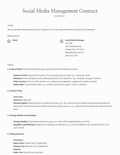 Social Media Contract Managements template