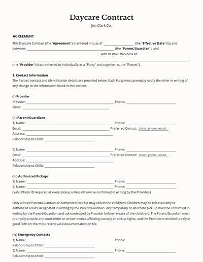 Daycare Contracts template
