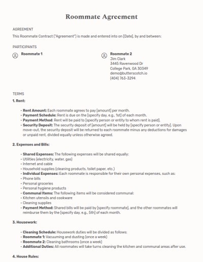 Roommate Agreements template