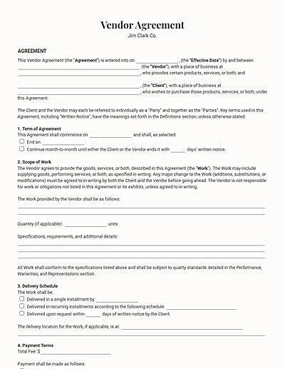 Vendor Agreements template