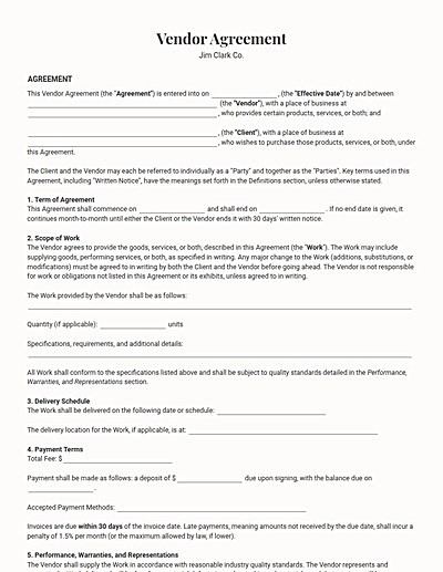 Vendor Agreements template