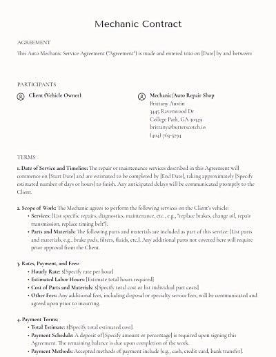 Mechanic Contracts template