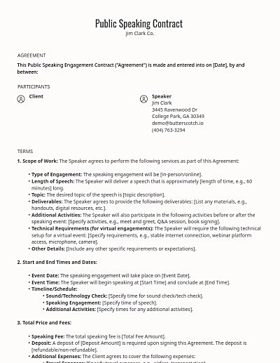 Public Speaking Contracts template