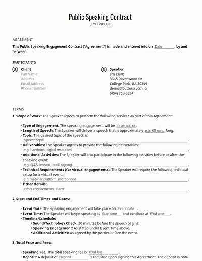 Public Speaking Contracts template