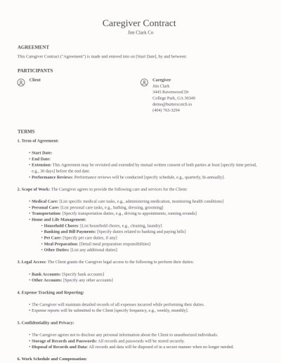 Caregiver Contracts template